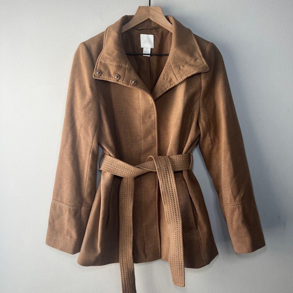 H&M Women's Button Front Tie Sash Peacoat Beige Size 8